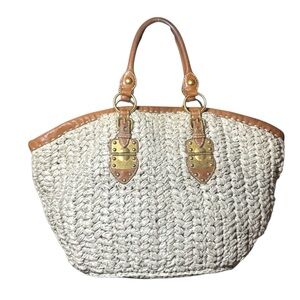 MIU MIU Neutral Straw Woven Large Tote Bag Auth Brown Leather Trim